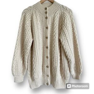 Hand Knit Chunky Sweater Cable Knit Wool Grandma Fisherman Cardigan Cream